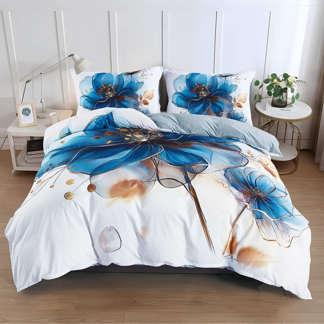 2/3pcs Set, 1 Quilt Plus+ 1/2 Pillowcases, European-Style Embroidered Blooms, Blue & Gold Contrast Design, Elevate Bedroom Aesthetics for a Cozy Sleep Sanctuary