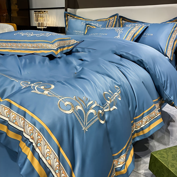 Set da Letto ricamato con stampa digitale - copripiumino, un lenzuolo e due federe.