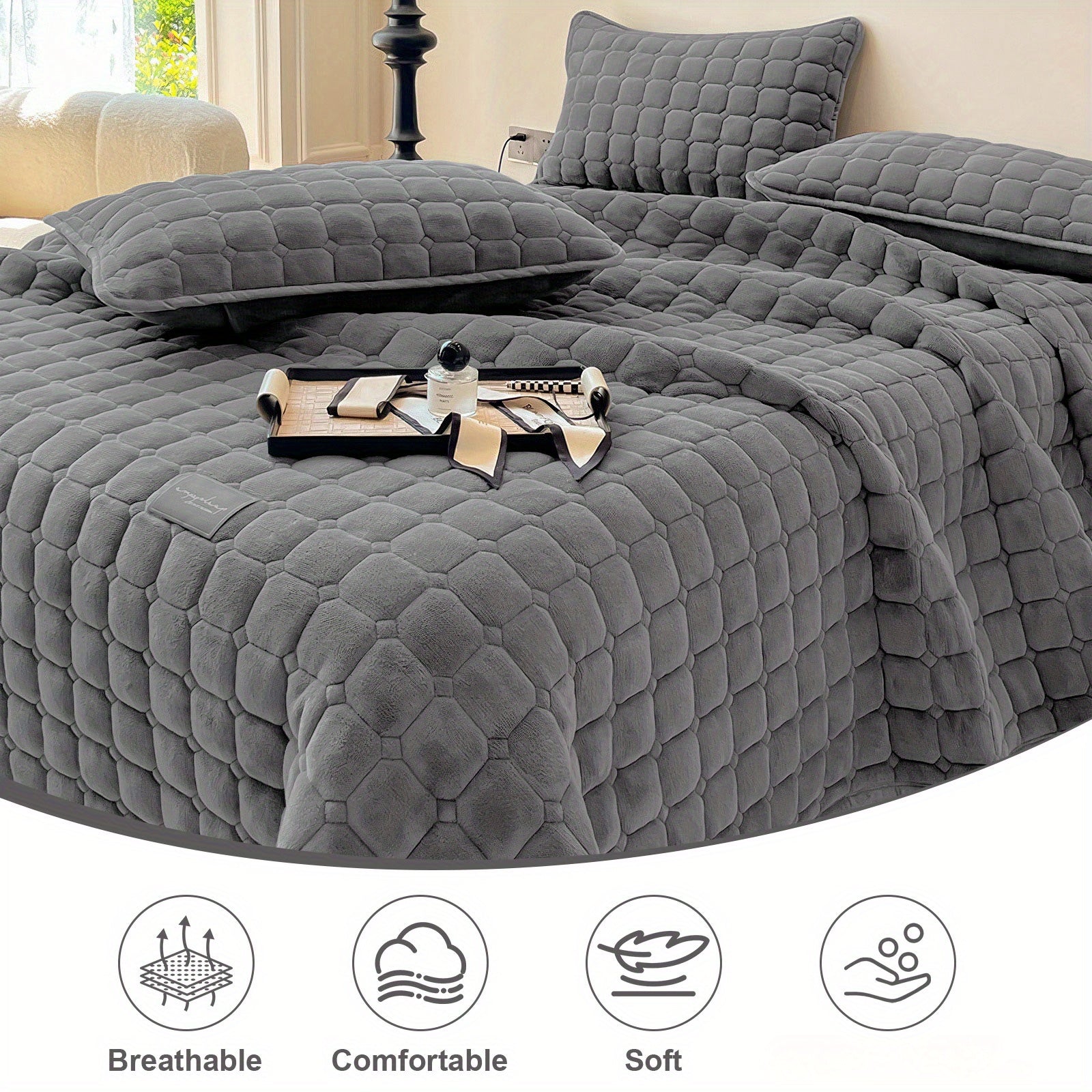 Copriletto trapuntato in velluto - set da 3 pezzi (copriletto e un paio di federe)