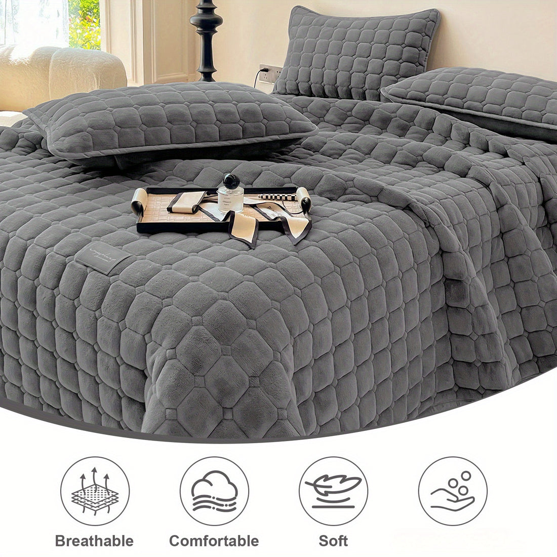 Copriletto trapuntato in velluto - set da 3 pezzi (copriletto e un paio di federe)