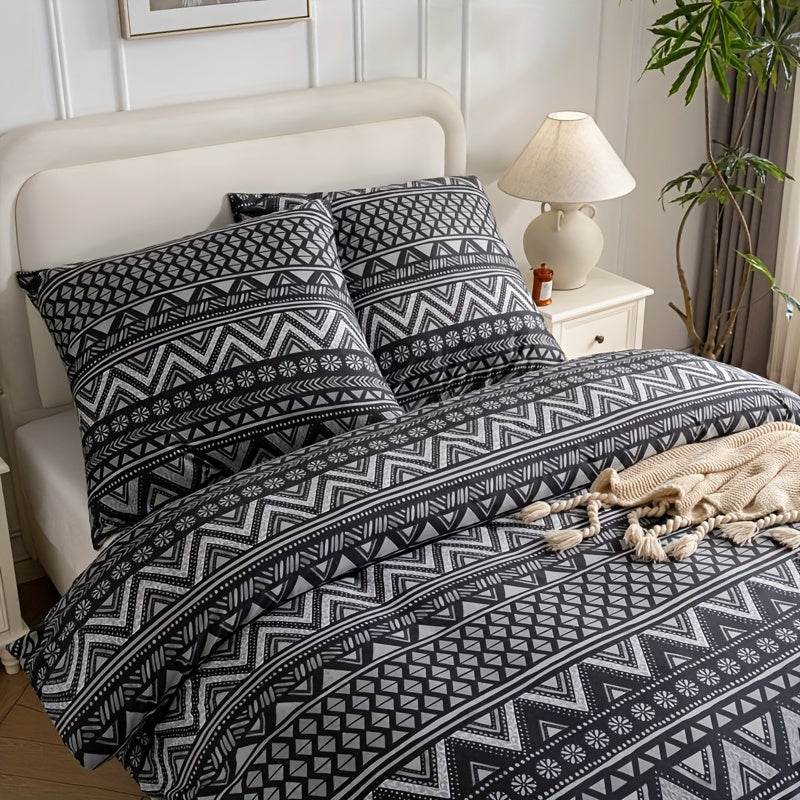 2/3pcs Modern Geometric Print Duvet Cover Set - Soft, Comfortable, Machine Washable, Zipper Closure, Premium Microfiber, All-Season Use, Black & White Design, Includes 1 Duvet Cover and 2 Pillowcases, Bedding Accessories | Mo