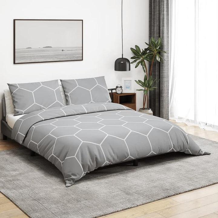1 Duvet Cover + 2 Pillowcases Gray Bedspread Set - Heavy-Duty King/Queen Size Bed 260x220cm, Soft All-Season Bedding with Zipper Closure, Modern Grey & White Hexagon Pattern, Machine Washable & s Bedrooms