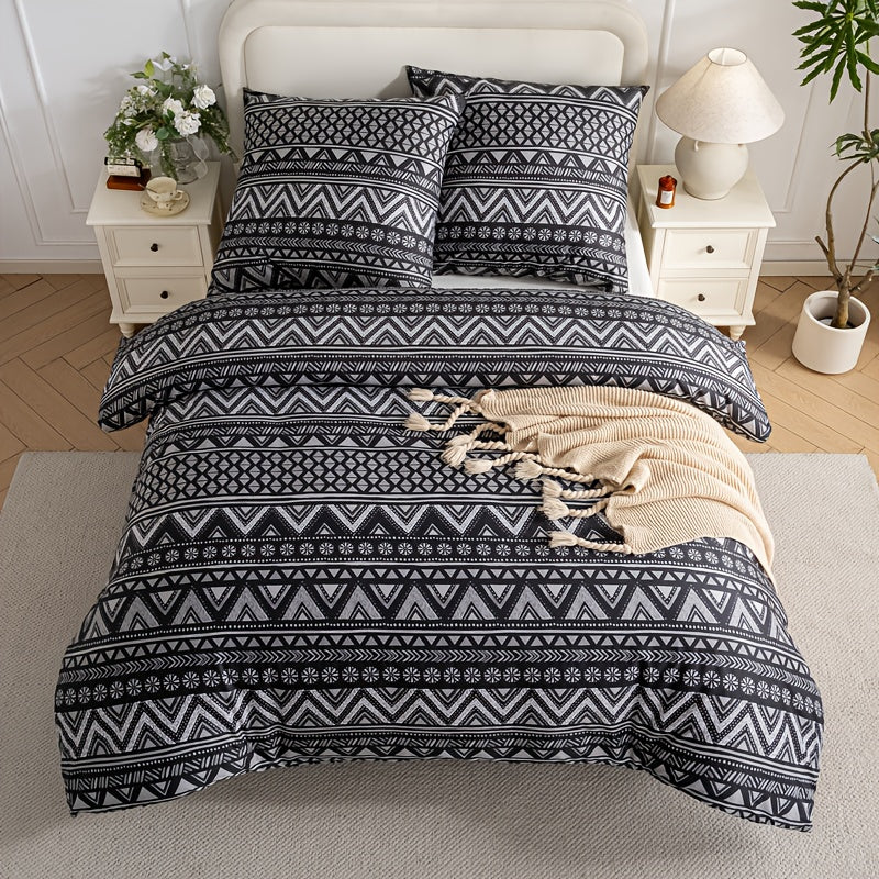 2/3pcs Modern Geometric Print Duvet Cover Set - Soft, Comfortable, Machine Washable, Zipper Closure, Premium Microfiber, All-Season Use, Black & White Design, Includes 1 Duvet Cover and 2 Pillowcases, Bedding Accessories | Mo