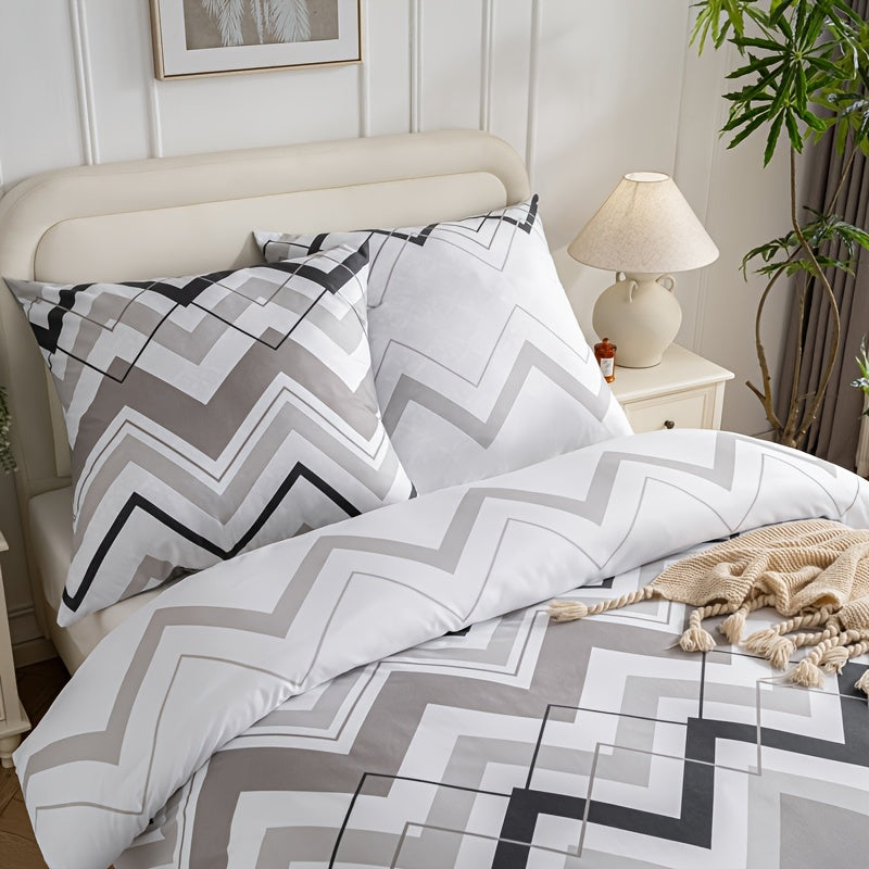 2/3pcs Modern Geometric Print Duvet Cover Set - Soft, Comfortable, Machine Washable, Zipper Closure, Premium Microfiber, All-Season Use, Black & White Design, Includes 1 Duvet Cover and 2 Pillowcases, Bedding Accessories | Mo