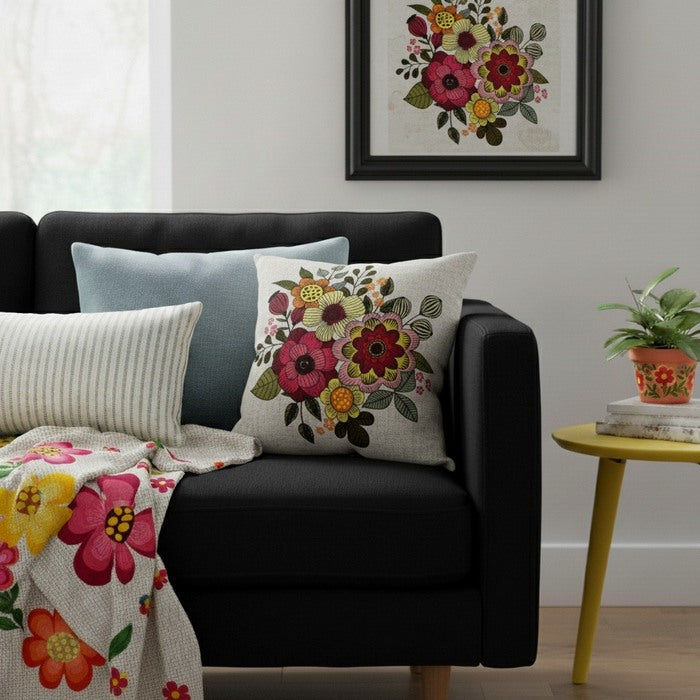 Cuscino bianco in cotone con stampa fiori 45x45 cm