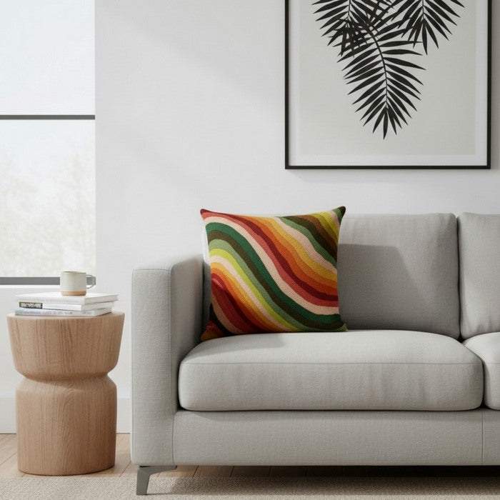 Cuscino in lana acrilica con ricamo onde colorate 45x45 cm