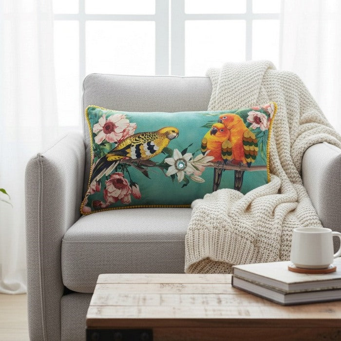 Cuscino in velluto con ricami in rilievo 30x50 cm - Pappagalli