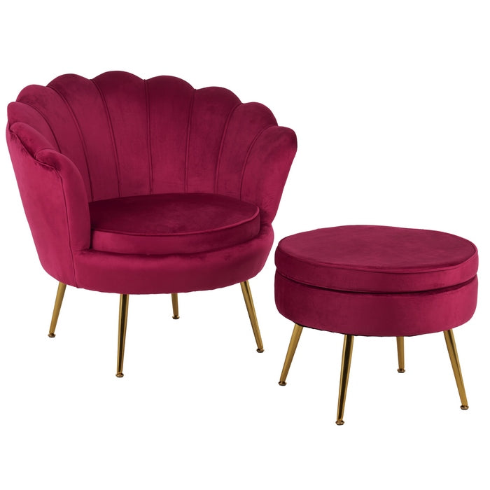 Set poltrona e pouf in velluto con gambe in metallo cromato oro