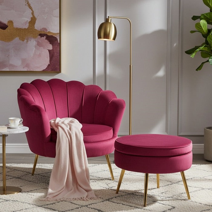 Set poltrona e pouf in velluto con gambe in metallo cromato oro