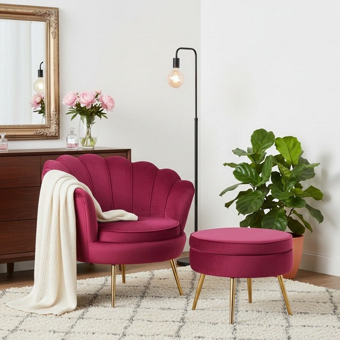 Set poltrona e pouf in velluto con gambe in metallo cromato oro