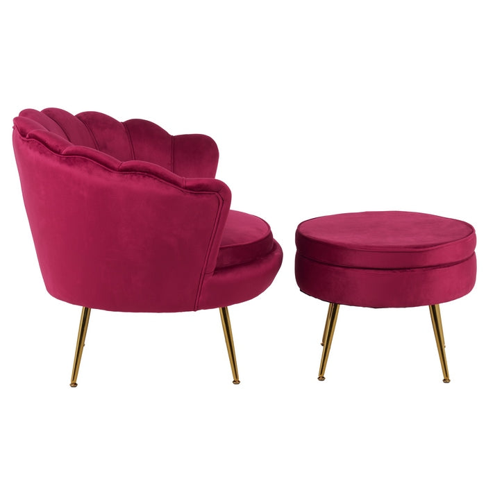 Set poltrona e pouf in velluto con gambe in metallo cromato oro