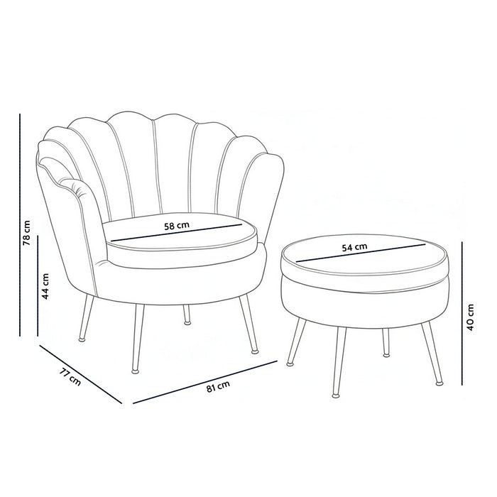 Set poltrona e pouf in velluto con gambe in metallo cromato oro