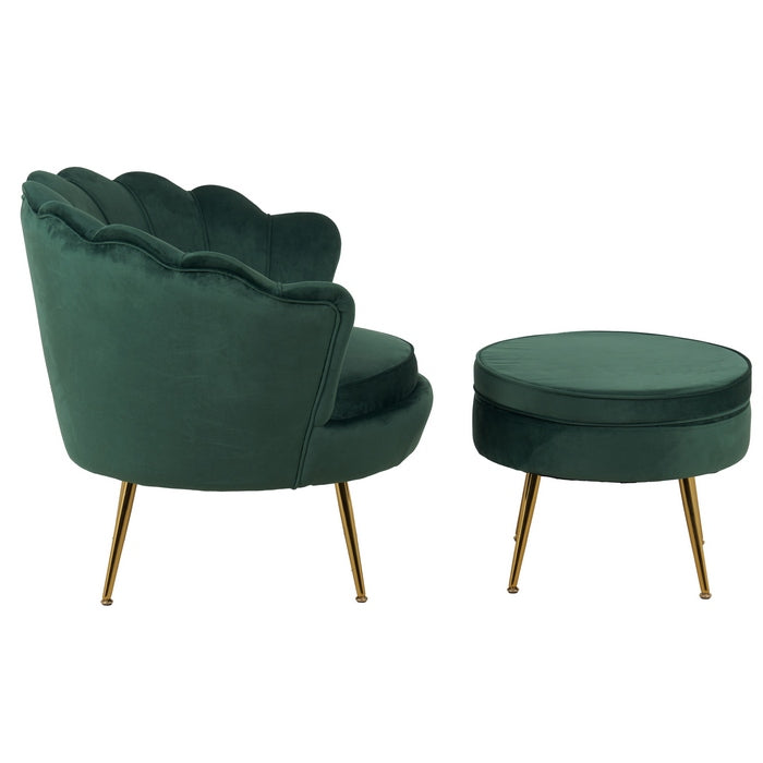Set poltrona e pouf in velluto con gambe in metallo cromato oro