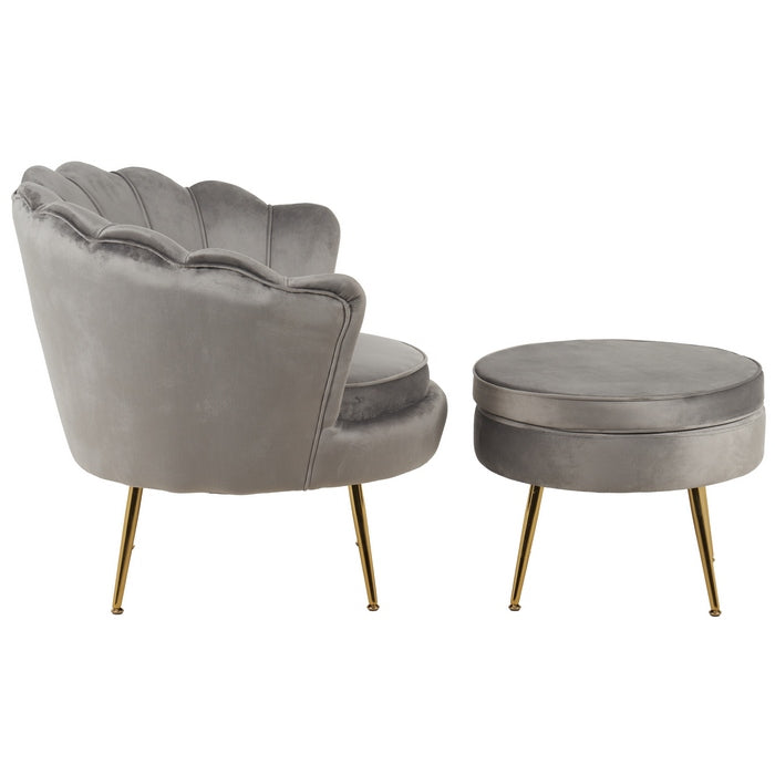 Set poltrona e pouf in velluto con gambe in metallo cromato oro