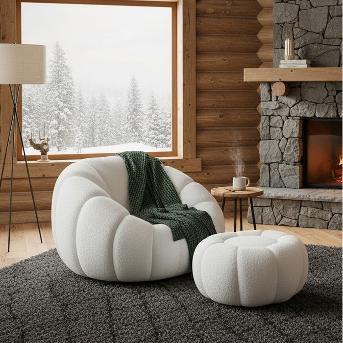 Set poltrona girevole con pouf poggiapiedi in tessuto bouclè - Nuvola