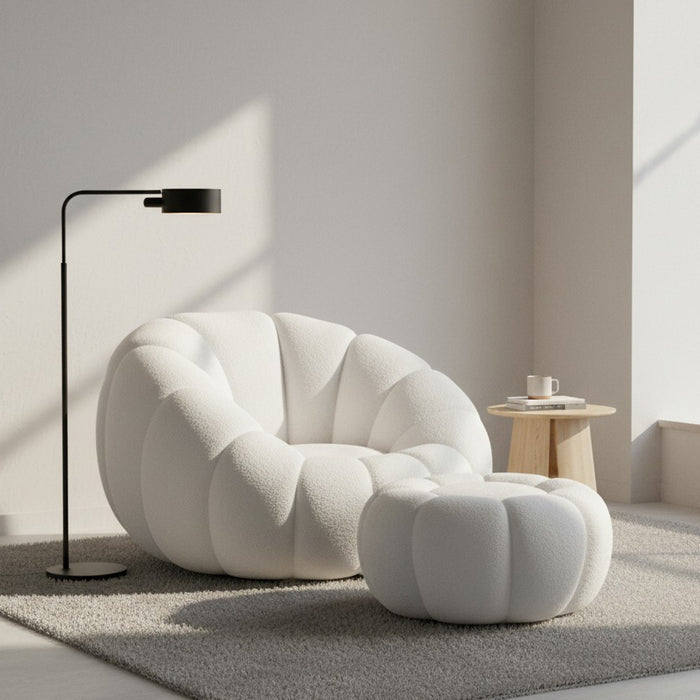 Set poltrona girevole con pouf poggiapiedi in tessuto bouclè - Nuvola