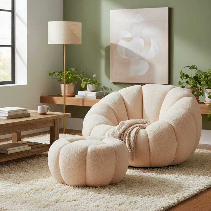 Set poltrona girevole con pouf poggiapiedi in tessuto bouclè - Nuvola