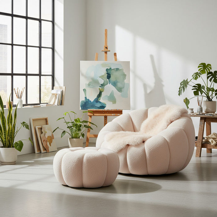 Set poltrona girevole con pouf poggiapiedi in tessuto bouclè - Nuvola