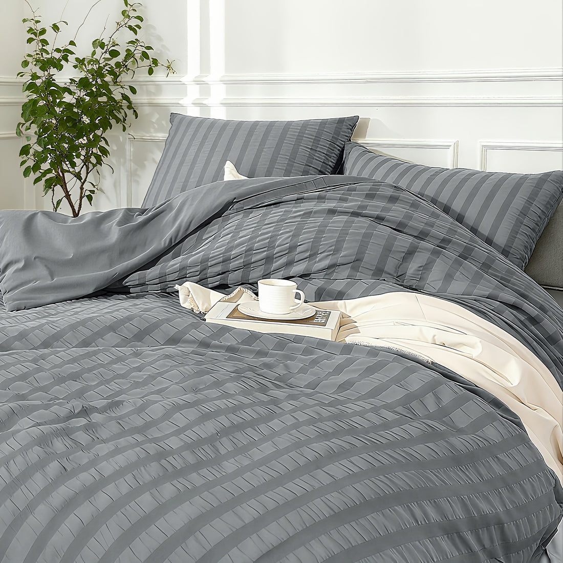 Set Copripiumino e federa con righe in rilievo in garza di schiuma